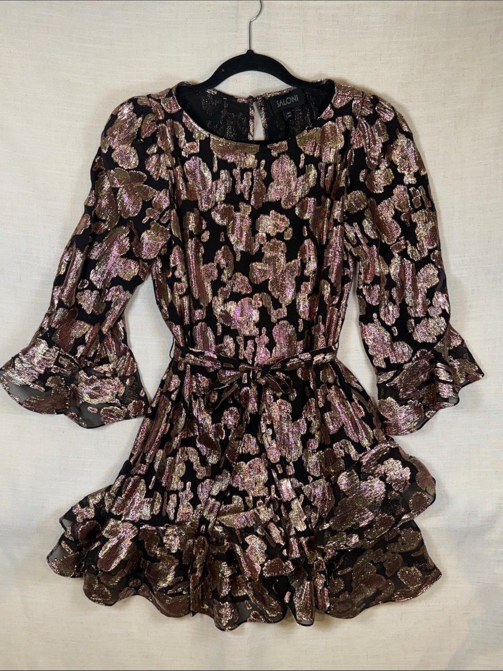 SALONI Black Mini Dress with Rose Gold Metallic Floral